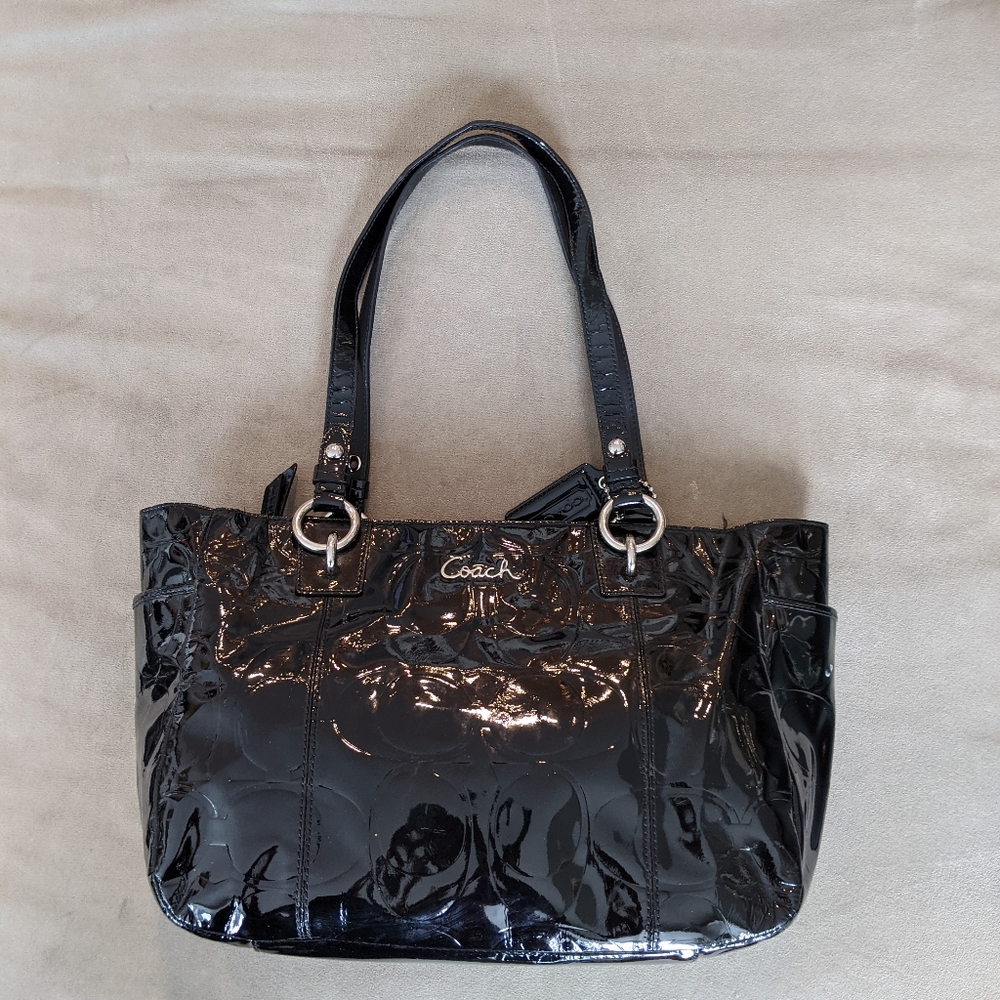 Coach East West tote purse black patent leather